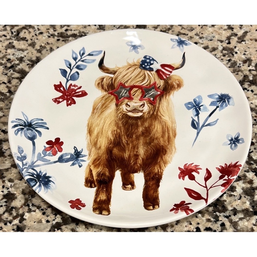 Hobby Lobby Patriotic Highland Cow Plate Ceramic Bow Glasses 8.58" Decor Serving